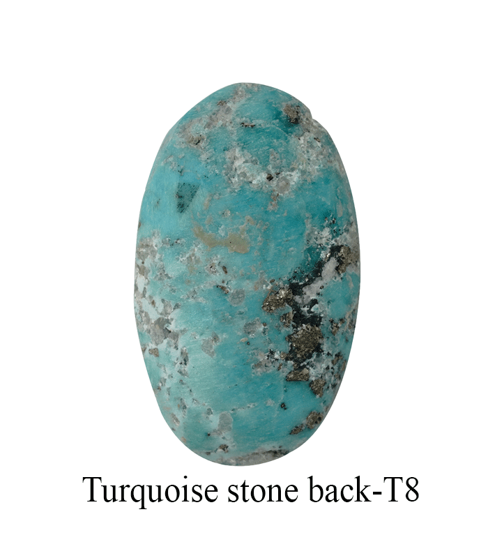Back view of Persian turquoise with visible pyrite inclusions and host-rock texture.T8-Aragems