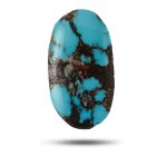 blue Persian turquoise cabochon showing vivid color and natural spiderweb matrix.Aragems