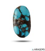blue Persian turquoise cabochon showing vivid color and natural spiderweb matrix.Aragems