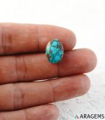 Neyshabur turquoise cabochon shown on hand to display real-life size and matrix details. T14 | Aragems