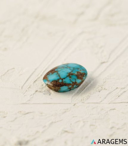 Perspective view of oval Neyshabur turquoise cabochon showing natural dome and matrix pattern.T14 | Aragems