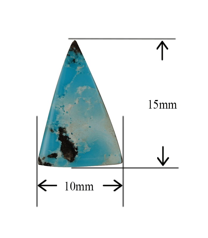 Front view of triangular Neyshabur turquoise with size measurement in millimeters.t16-Aragems