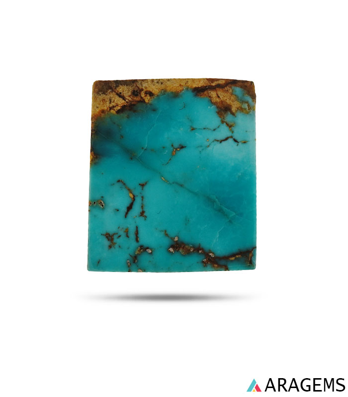 Neyshabur Persian turquoise cabochon showing blue-green color and golden matrix veins.t17
