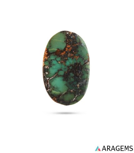 green Neyshabur Persian turquoise cabochon showing black and golden matrix patterns.t19
