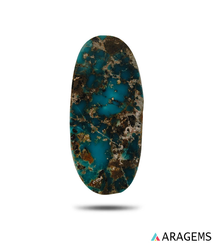 blue-green Iranian turquoise cabochon with rustic matrix pattern.