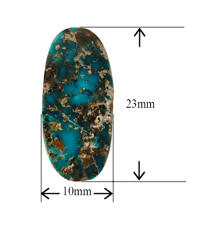 Iranian turquoise cabochon with 10×23 mm size measurement.