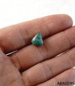 Green Iranian turquoise cabochon shown on hand to display real-life size.