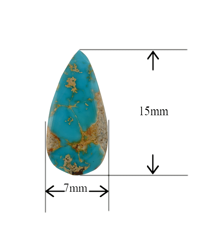 Iranian turquoise cabochon front view with 7×15 mm size measurement.t23-Aragems