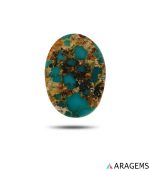 Front View of natural Persian turquoise cabochon showing blue-green color with golden-brown matrix pattern.t24