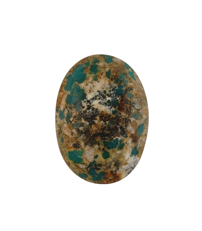 Back view of untreated Persian turquoise revealing natural host-rock texture and mineral inclusions.t24