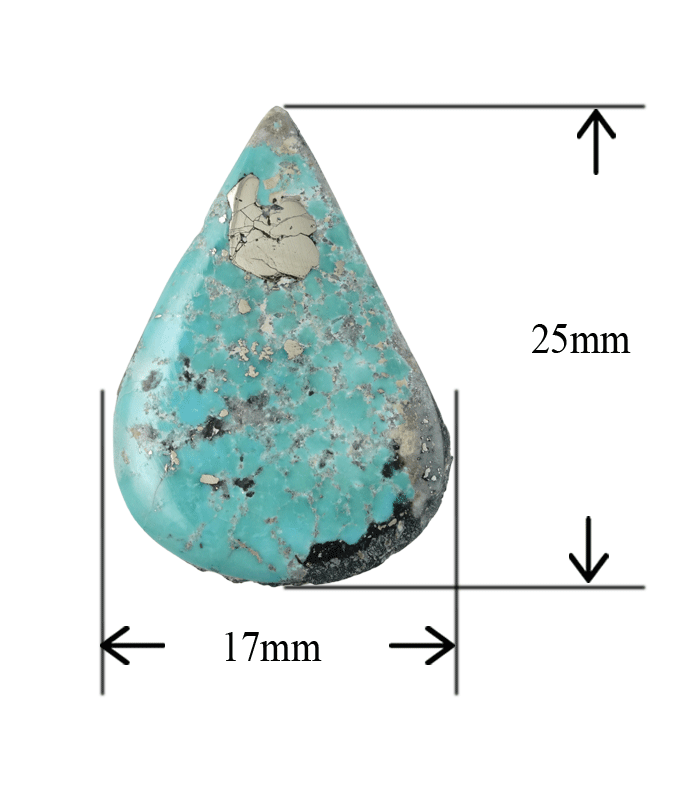 Front view of Persian turquoise cabochon with millimeter size measurement displayed.T30