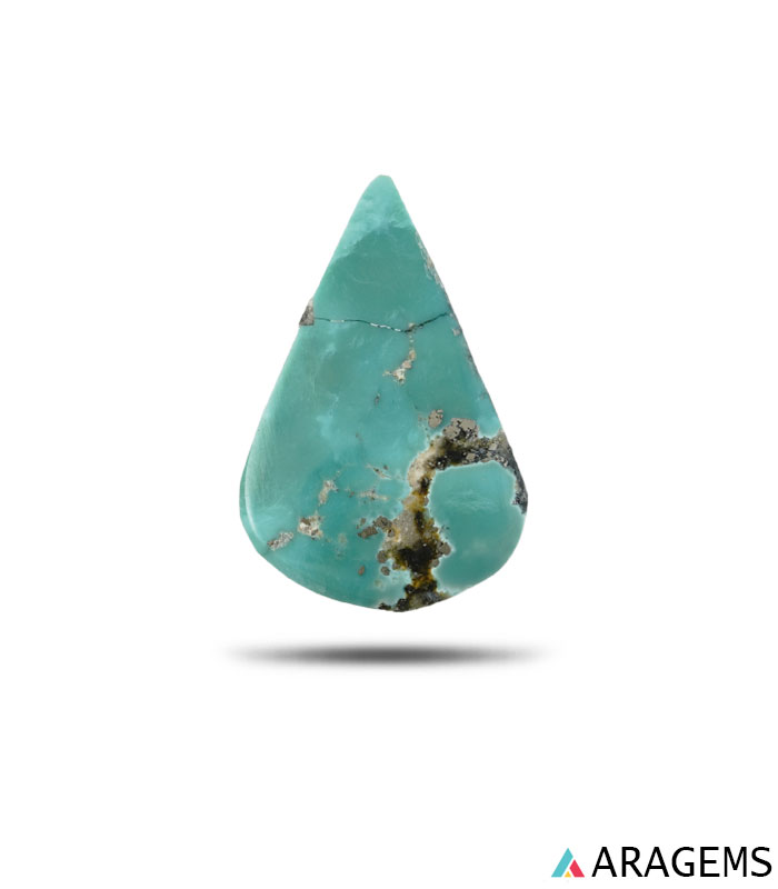 natural Persian turquoise cabochon showing green-blue color with organic brown mineral matrix pattern.t32