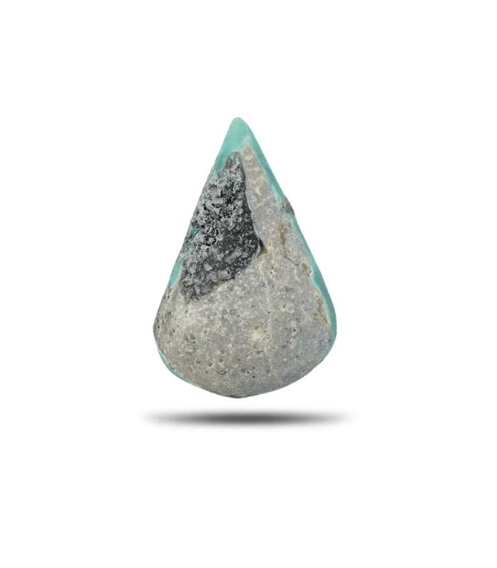 Back view of untreated Persian turquoise displaying natural host rock texture and gray mineral matrix zones.t32