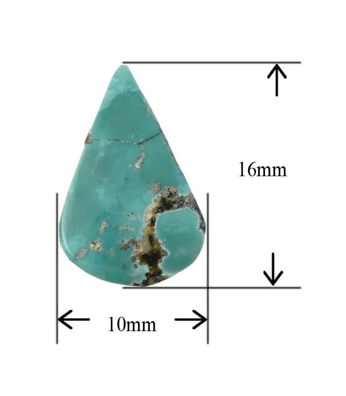 Front view of Persian turquoise cabochon with millimeter measurements visible, showing green-blue tone and matrix details.t32