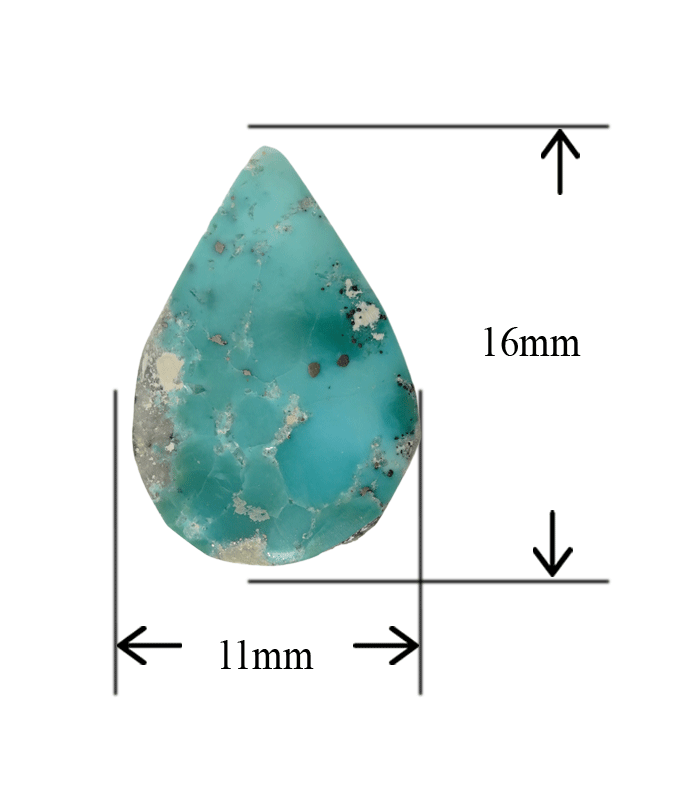 Front view of Iranian turquoise cabochon with millimeter measurements visible, showing blue-green tone and matrix details.T33