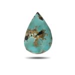 natural Iranian turquoise cabochon showing green color with golden mineral inclusions and dark matrix patterns.