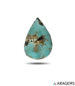 natural Iranian turquoise cabochon showing green color with golden mineral inclusions and dark matrix patterns.