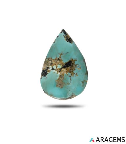 natural Iranian turquoise cabochon showing green color with golden mineral inclusions and dark matrix patterns.