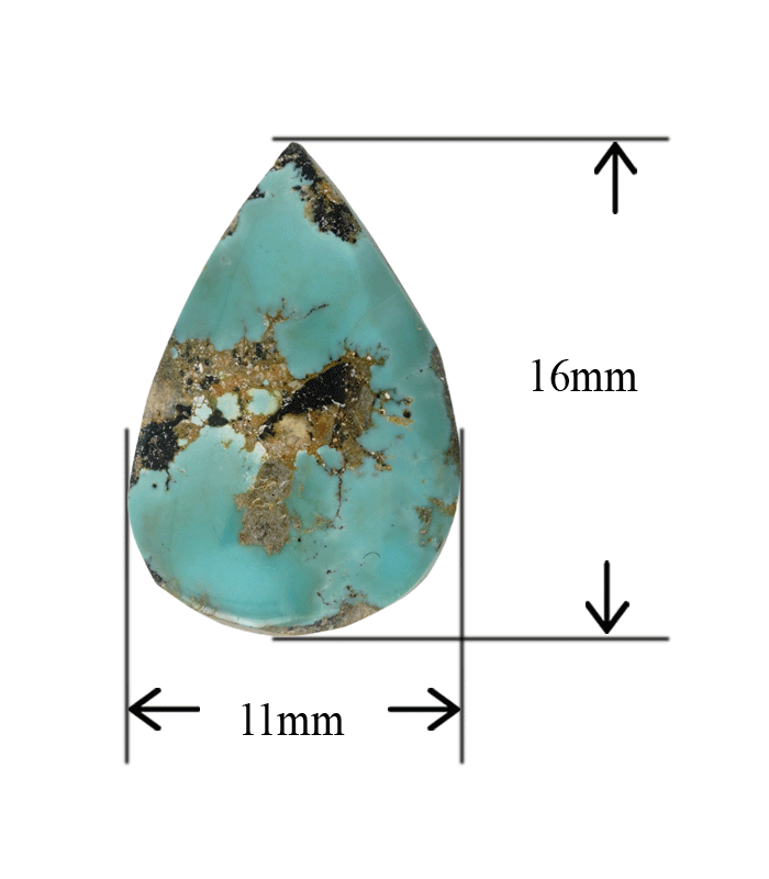 Front view of Iranian turquoise cabochon with millimeter measurements visible, showing green tone and golden inclusions.