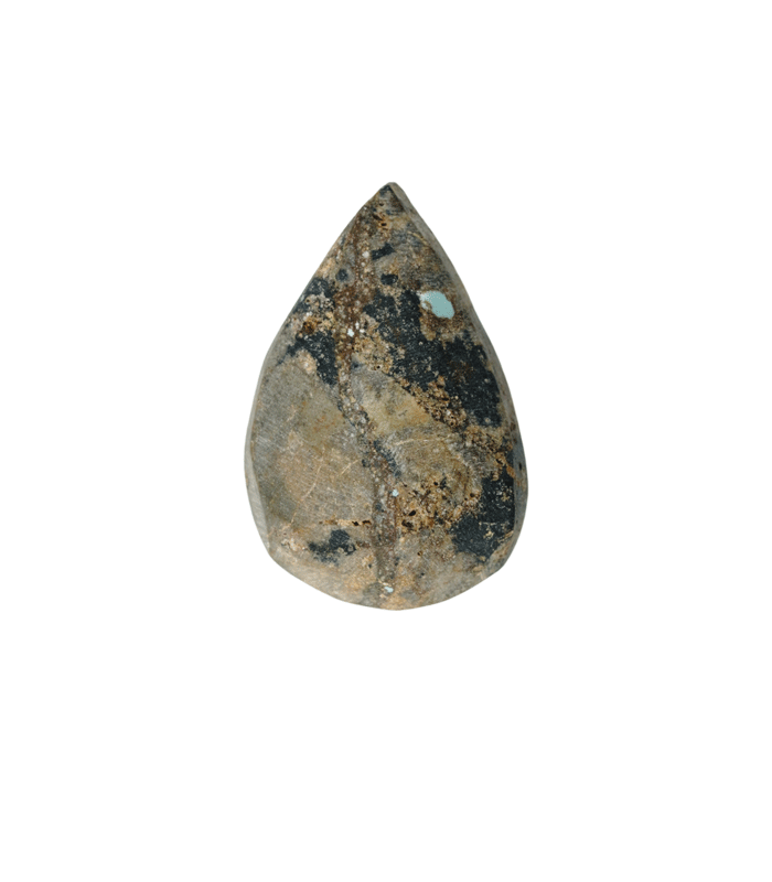 Back view of untreated Iranian turquoise displaying natural host-rock texture with brown, gray, and black mineralization.