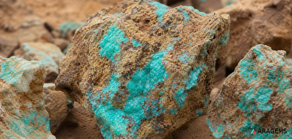 Raw turquoise nodules embedded in host rock