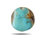 Natural Kerman turquoise green round cabochon, front view showing brown host-rock matrix - T36