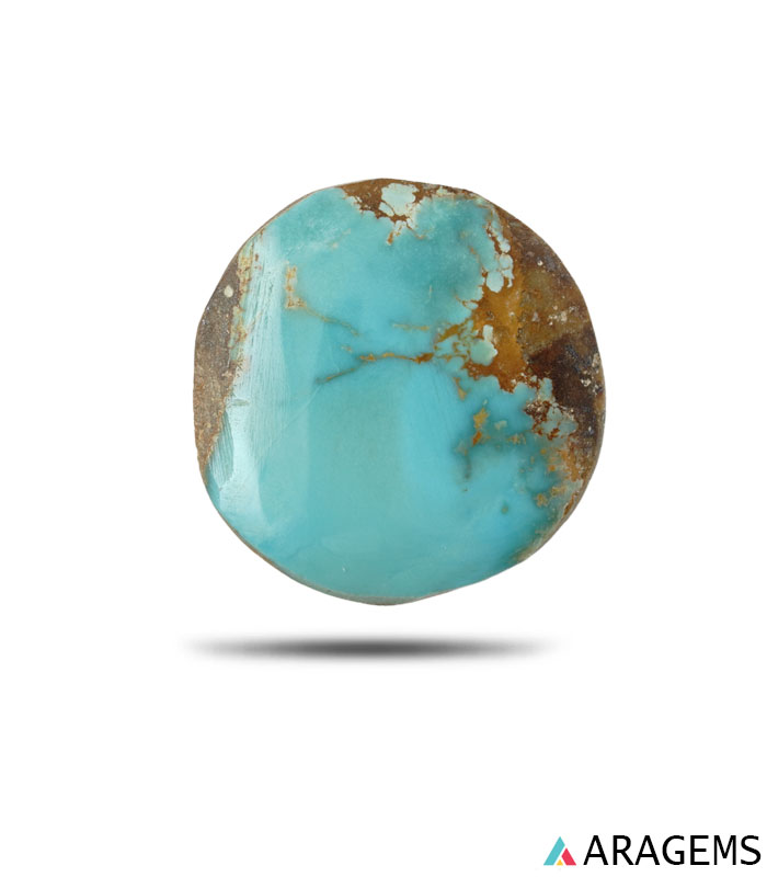 T36-1 Natural Kerman turquoise green round cabochon, front view showing brown host-rock matrix - T36