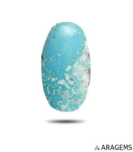 Natural Kerman turquoise blue oval cabochon with white mineral matrix, front view - T37