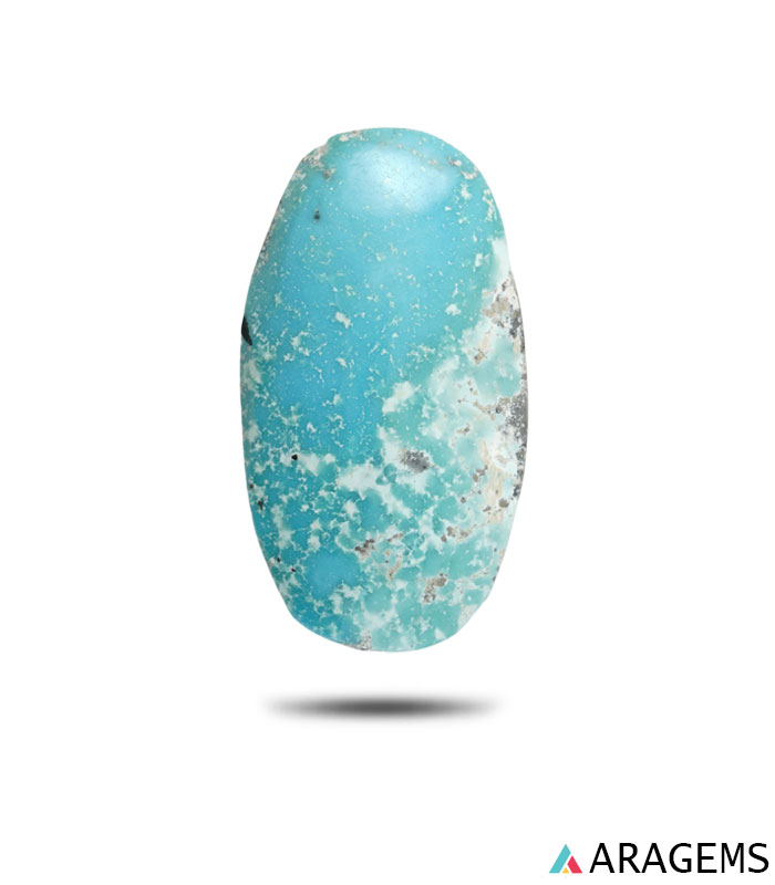 T37-1 Natural Kerman turquoise blue oval cabochon with white mineral matrix, front view - T37