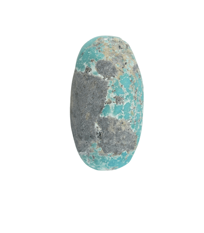 Natural Kerman turquoise blue oval cabochon detail on transparent background showing white matrix - T37