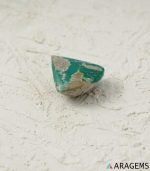 Side view of natural green Kerman turquoise teardrop cabochon with gray matrix - T38