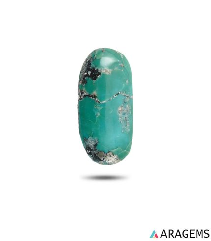 Natural Kerman turquoise green oval cabochon with speckled matrix, front view - T39