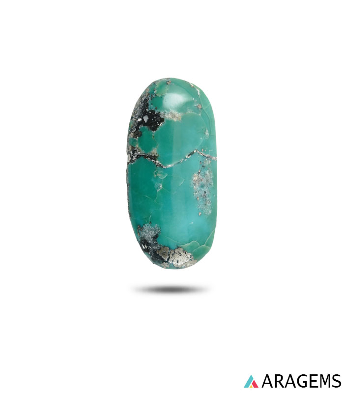 T39-1 Natural Kerman turquoise green oval cabochon with speckled matrix, front view - T39