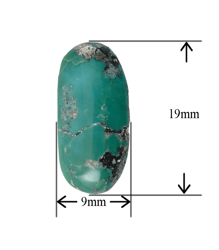 Natural Kerman turquoise cabochon side profile with dimension reference showing thickness - T39