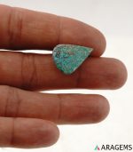 Natural green Kerman turquoise teardrop cabochon showing pyrite matrix, alternate view - T41