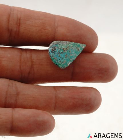 Natural green Kerman turquoise teardrop cabochon showing pyrite matrix, alternate view - T41