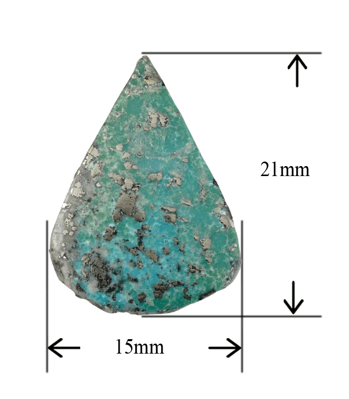 Natural Kerman turquoise cabochon with dimension reference, 15 x 21 mm teardrop cabochon - T41