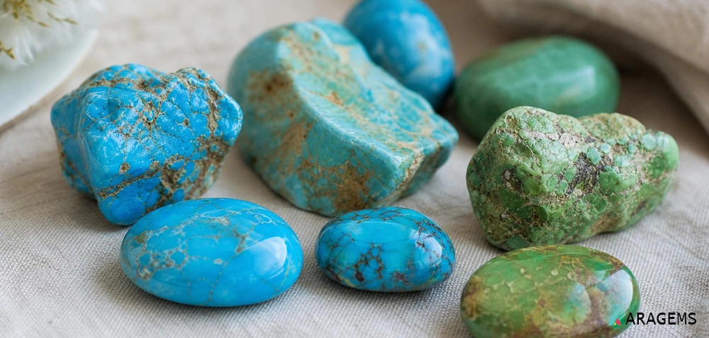Natural turquoise stones showing color range from blue to green