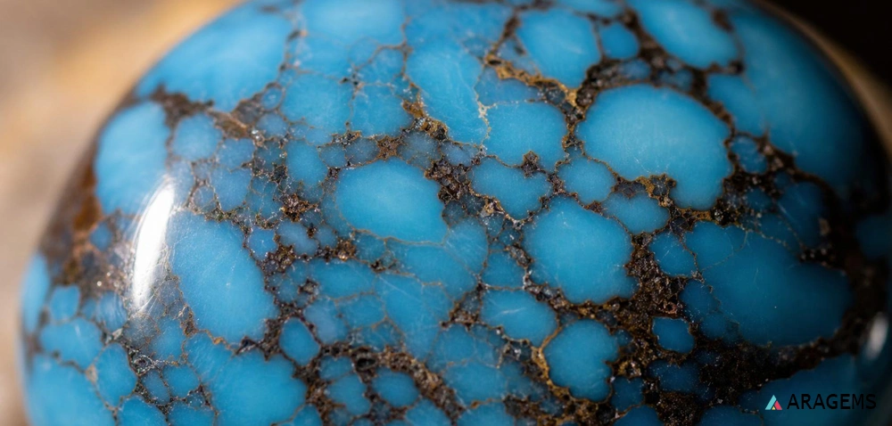 Polished turquoise cabochon showing spiderweb matrix texture