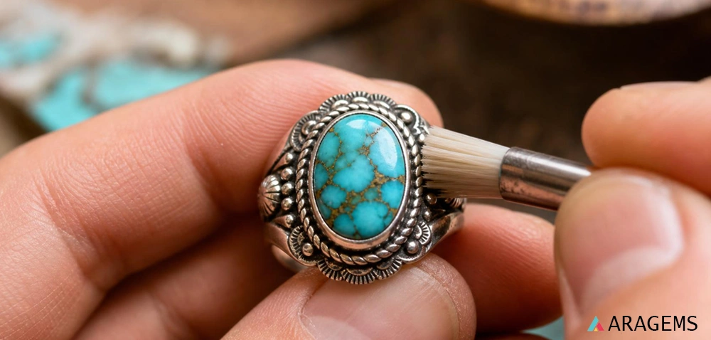Cleaning a sterling silver and turquoise ring with a soft brush | Aragems