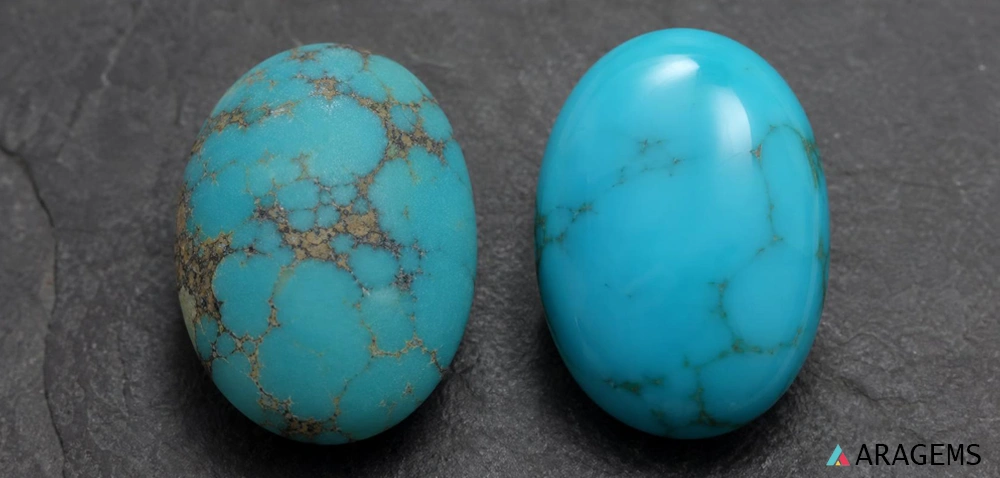 Natural matrix turquoise cabochon next to a smoother stabilized turquoise cabochon | Aragems