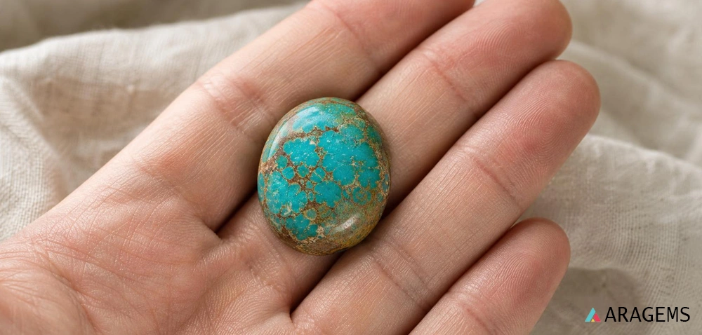 Natural Persian turquoise cabochon in hand, verified provenance