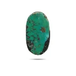 Natural green Kerman turquoise oval cabochon with dark web matrix and pyrite spots, front view - T49