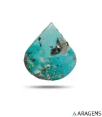 Natural blue Kerman turquoise teardrop cabochon with black matrix patch, front view - T51