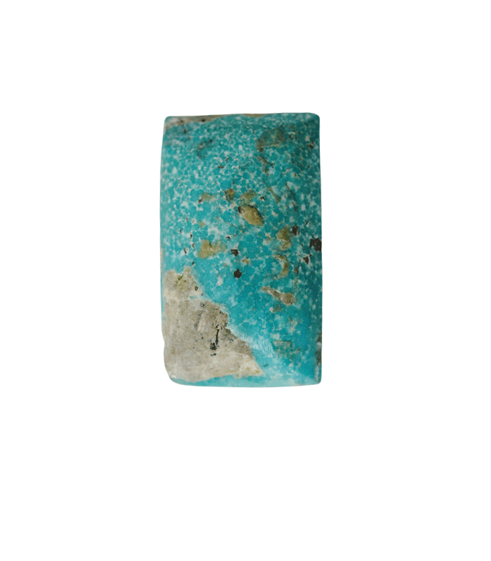 Back view of untreated Kerman turquoise cabochon showing deep teal color, golden-brown flecks and gray-white host rock - T43