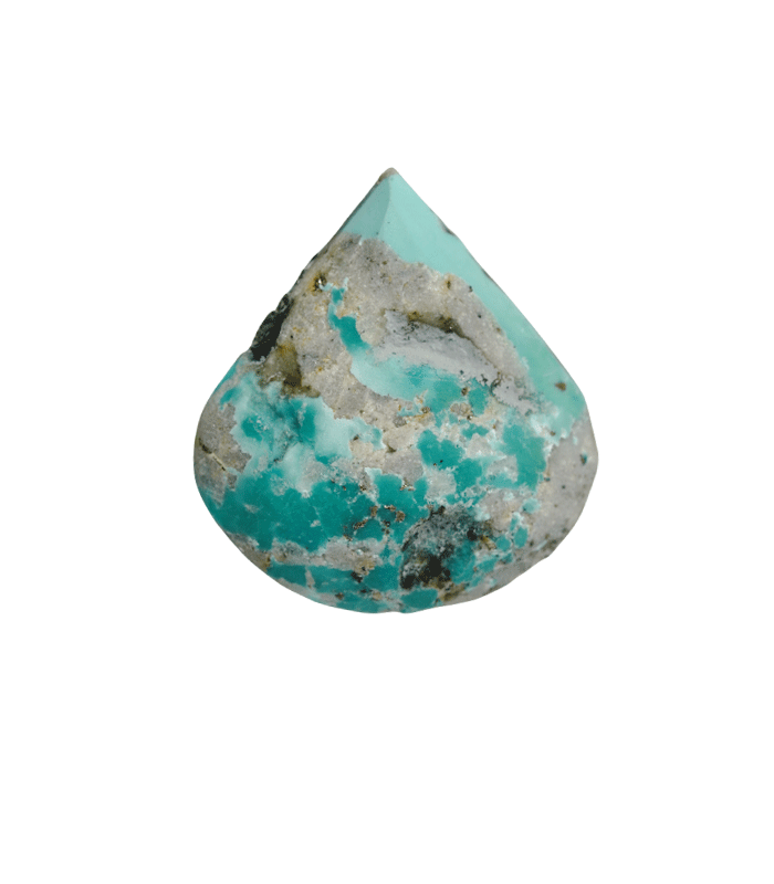Back view of untreated Kerman turquoise teardrop cabochon with natural host rock - T51