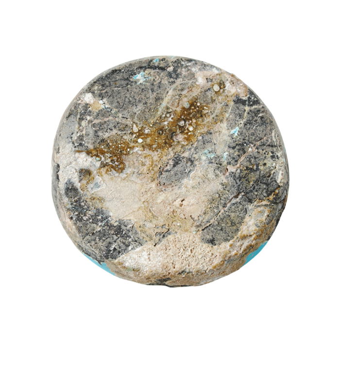 Back view of untreated Neyshabur turquoise cabochon showing raw gray host rock with golden-brown tones - T42