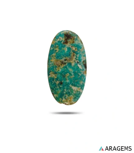 Natural green Neyshabur turquoise oval cabochon with golden matrix, front view - T44