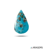 Natural blue Neyshabur turquoise teardrop cabochon with brown and black matrix, front view - T47