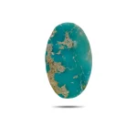 Natural blue-green Neyshabur turquoise oval cabochon with tan matrix, front view - T48